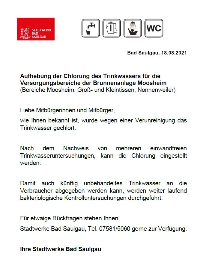 Aufhebung Chlorung Brunnenanlage Moosheim